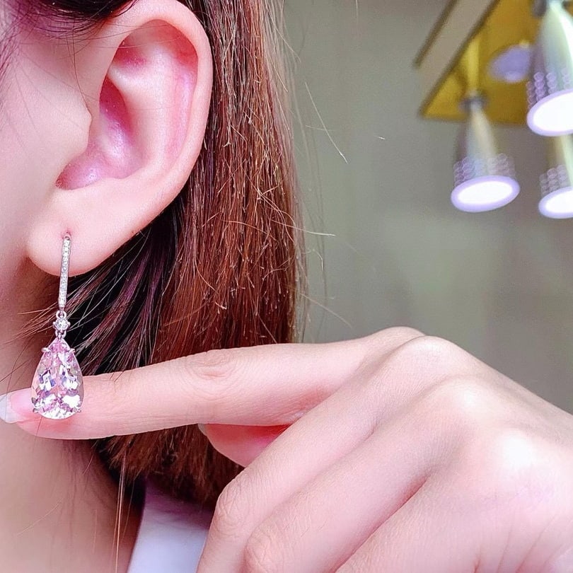 14k Gold 9.89 Ctw Natural Aquamarine & Morganite & Diamond Earrings - 7