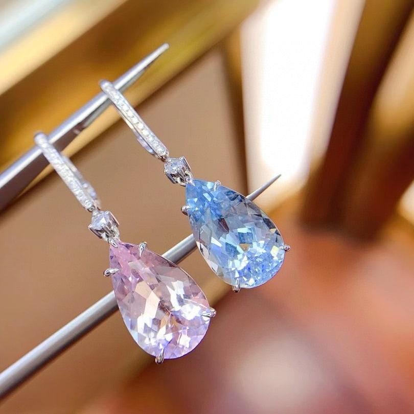 14k Gold 9.89 Ctw Natural Aquamarine & Morganite & Diamond Earrings - 9