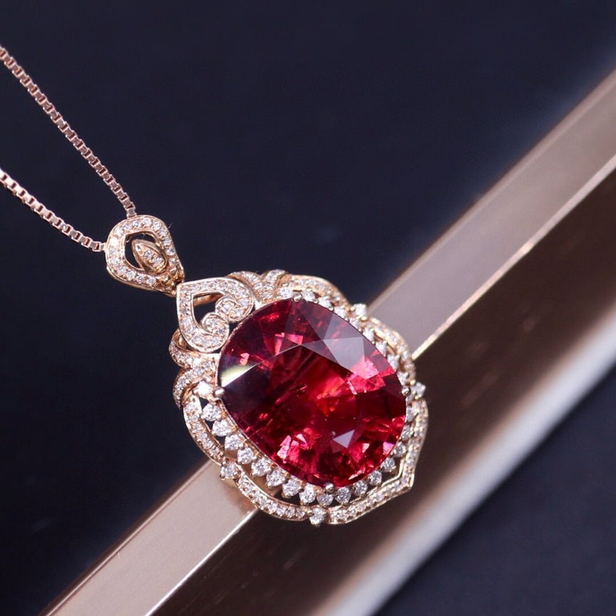 14k Gold 12.2 Ct Natural Tourmaline & Diamond Pendant( Without Chain ) - 2