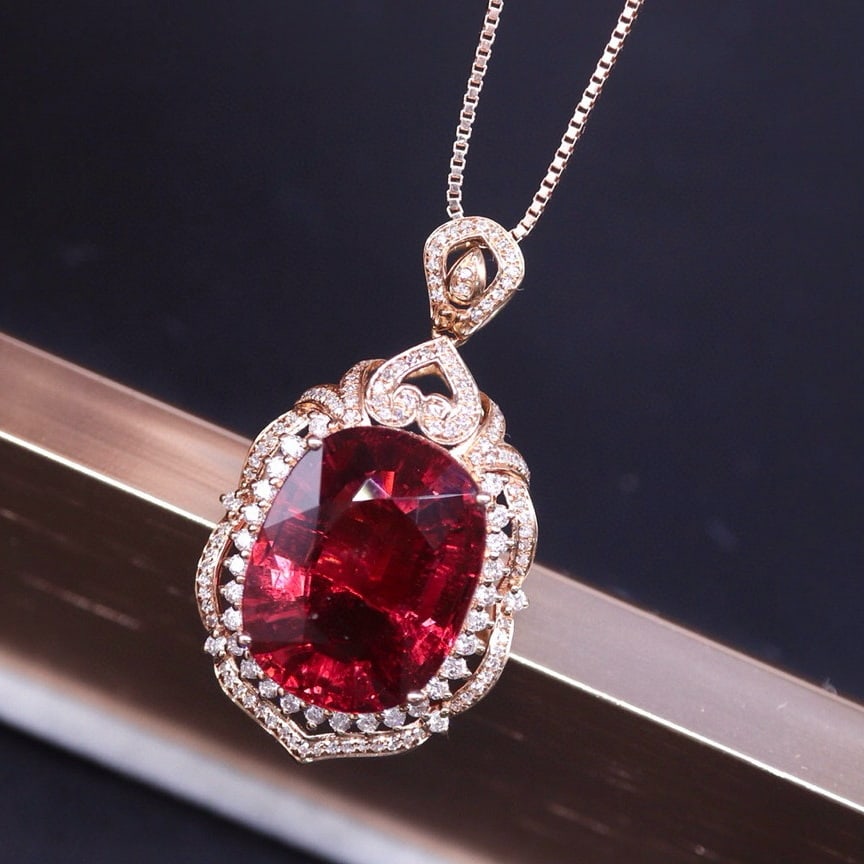 14k Gold 12.2 Ct Natural Tourmaline & Diamond Pendant( Without Chain ) - 3