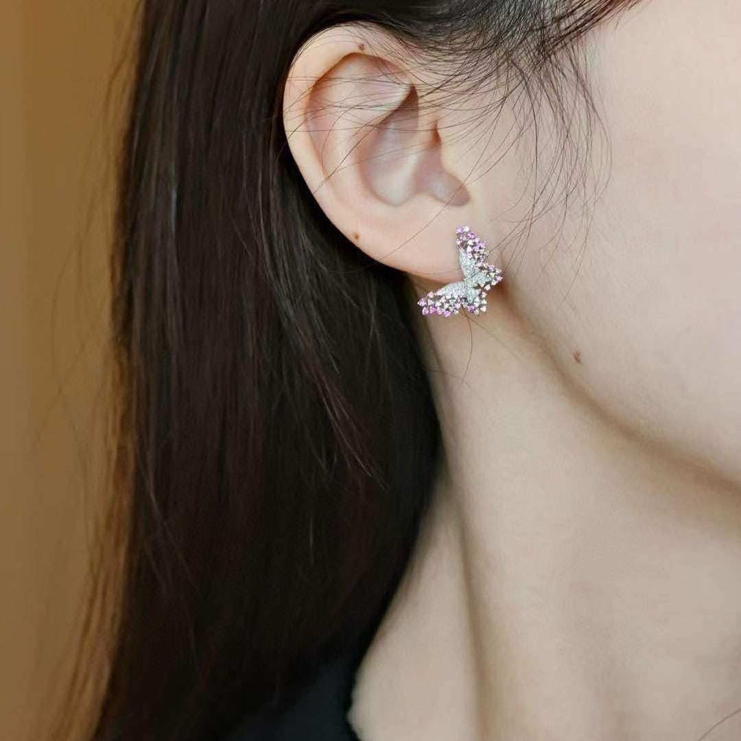 14k Gold 1.16 Ctw Natural Sapphire & Diamond & Butterfly Earrings - 2