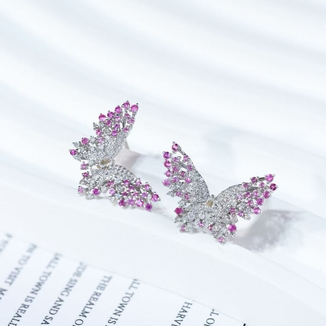 14k Gold 1.16 Ctw Natural Sapphire & Diamond & Butterfly Earrings - 3