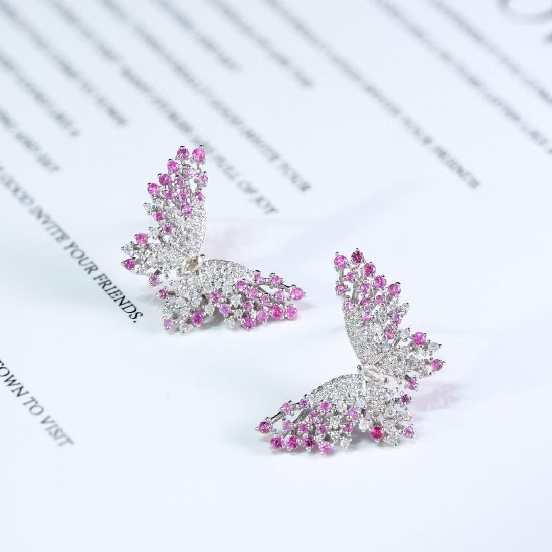 14k Gold 1.16 Ctw Natural Sapphire & Diamond & Butterfly Earrings - 4