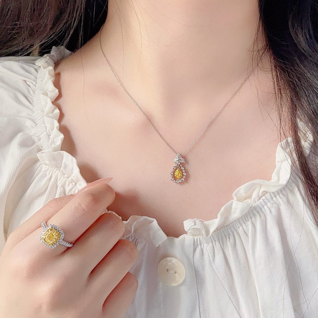 14k Gold 0.36 Ctw Natural Yellow Diamond & Diamond Necklace - 2