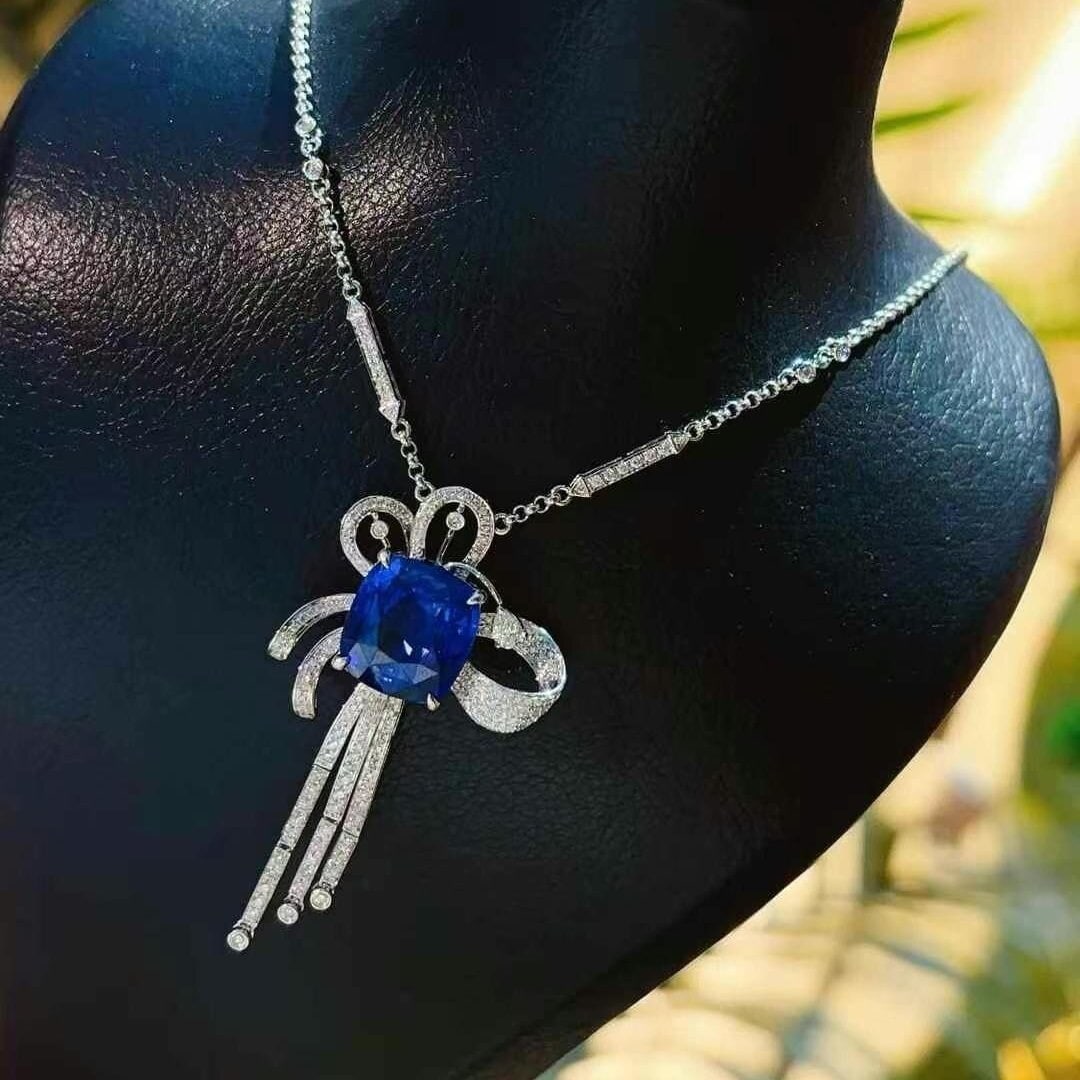 14k Gold 6.6 Ct Natural Sapphire & Diamond Necklace - 5