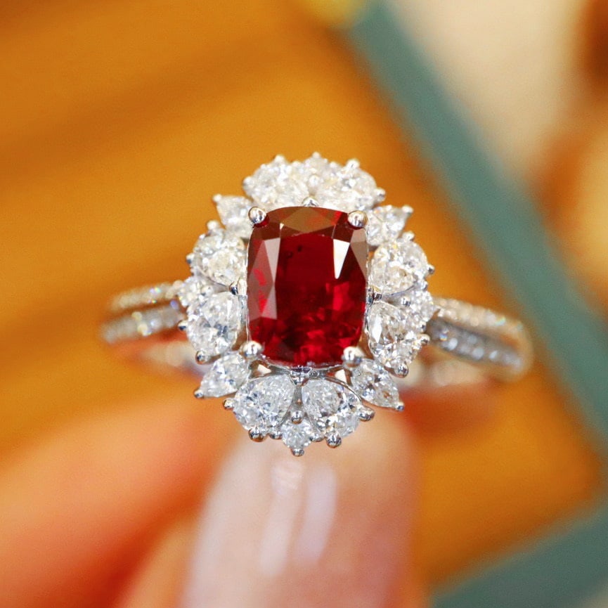 14k Gold 1.52 Ctw Natural Ruby & Diamond Ring: Ref:230940215 // gold content:14k gold // ring size:7. 25us // // main gemstone:ruby // shape:cushion // carat weight:1. 03ct // color:pigeonblood red // treatment:natural // // adjacent gemstone