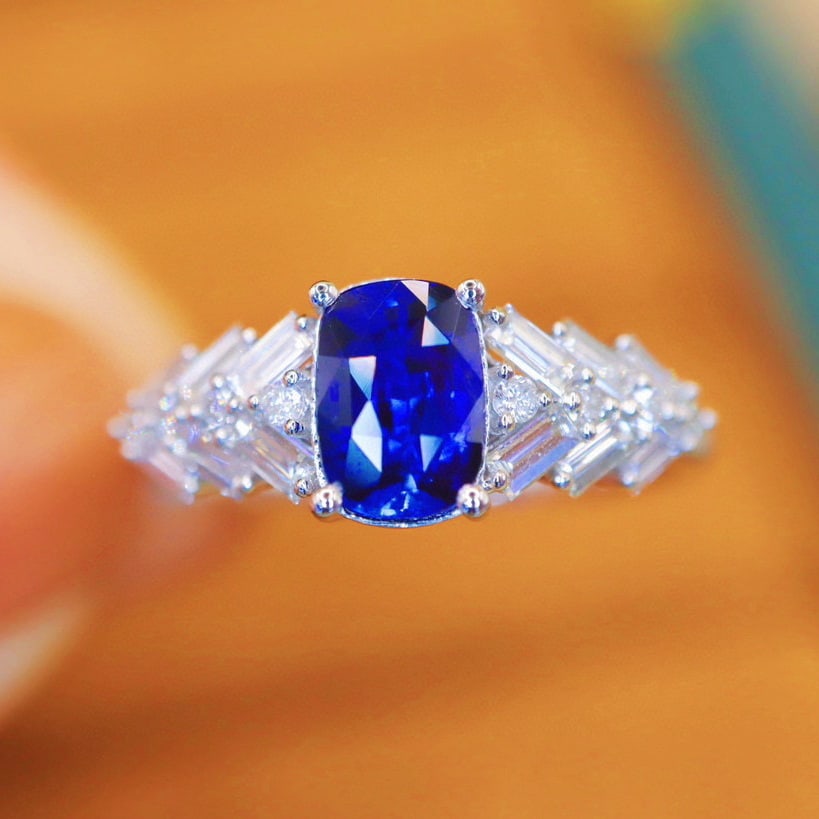 14k Gold 1.57 Ctw Natural Sapphire & Diamond Ring: Ref:230940218 // gold content:14k gold // ring size:7. 25us // // main gemstone:sapphire // shape:cushion // carat weight:1. 10ct // color:royal blue // treatment:natural // // adjacent gemstone 2