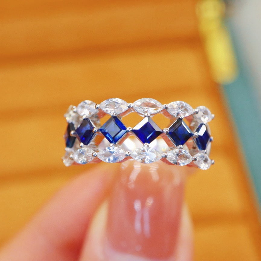 14k Gold 2.09 Ctw Vivid Blue Natural Sapphire & Sapphire Ring: Ref:230940222 // gold content:14k gold // ring size:7. 25us // // main gemstone:sapphire // shape:square // carat weight:1. 06ct // color:vivid blue // treatment:natural // // adjacent gemstone 2