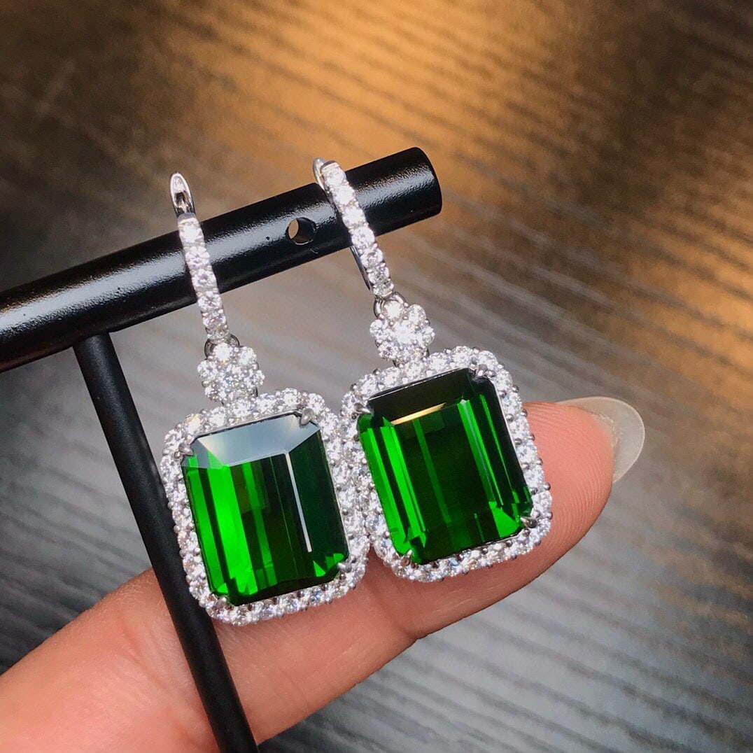 14k Gold 19.6 Ct Natural Tourmaline & Diamond Earrings - 2