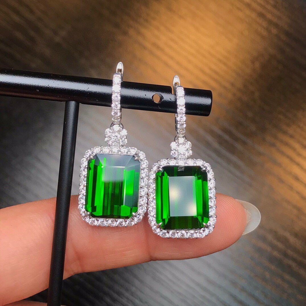 14k Gold 19.6 Ct Natural Tourmaline & Diamond Earrings - 3