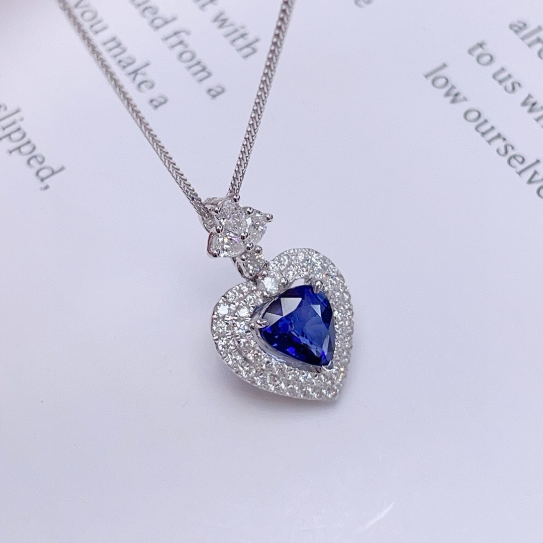 14k Gold 1.08 Ct Vivid Blue Natural Sapphire & Diamond Pendant( Without Chain ) - 2