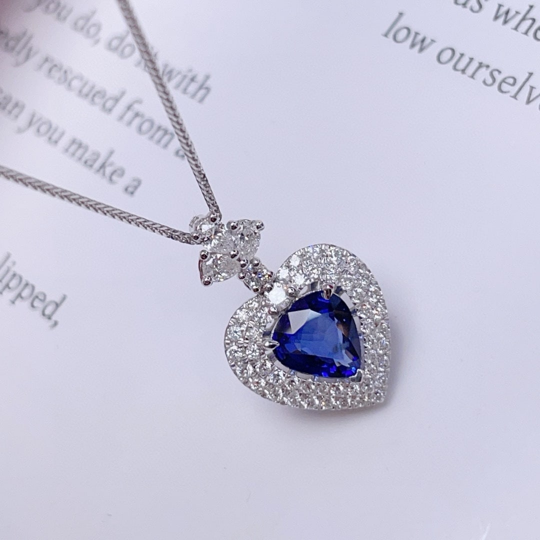 14k Gold 1.08 Ct Vivid Blue Natural Sapphire & Diamond Pendant( Without Chain ) - 4