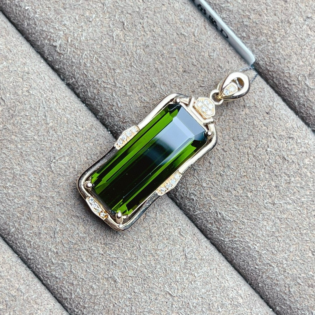 14k Gold 7.85 Ct Natural Tourmaline & Diamond Pendant( Without Chain ) - 4
