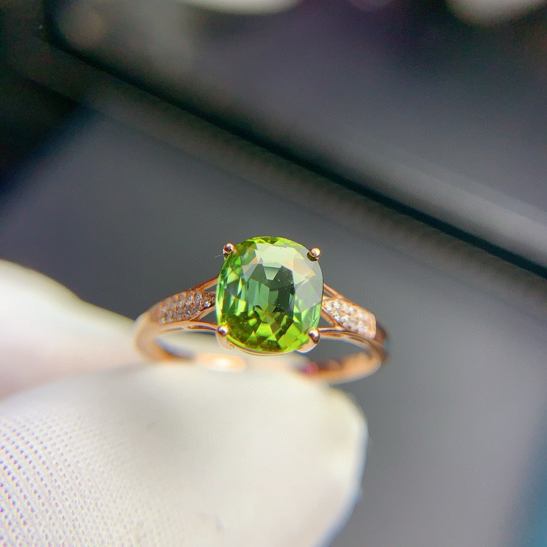 14k Gold 1.75 Ct Natural Tourmaline & Diamond Ring: Ref:230940237 // gold content:14k gold // ring size:7. 25us // // main gemstone:tourmaline // shape:cushion // carat weight:1. 75ct // color:green // treatment:natural // // adjacent gemstone 2 :