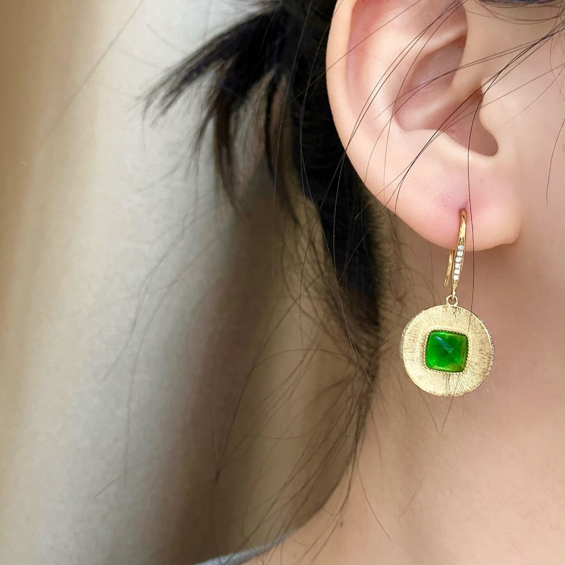 14k Gold 4.24 Ctw Vivid Green Natural Emerald & Diamond Earrings - 2