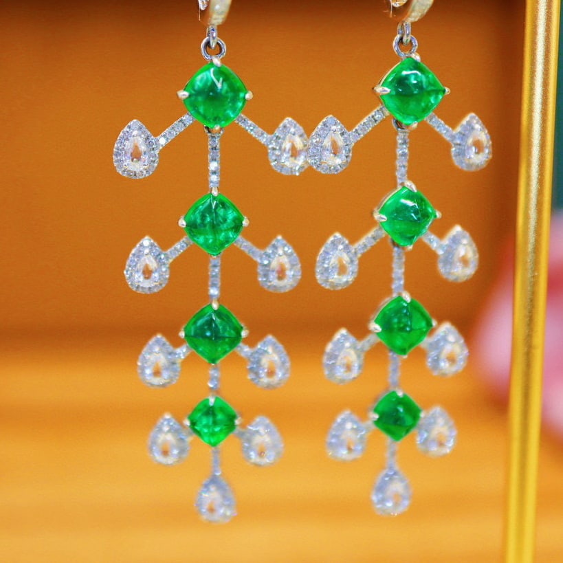 14k Gold 5.55 Ctw Vivid Green Natural Emerald & Diamond Earrings - 2