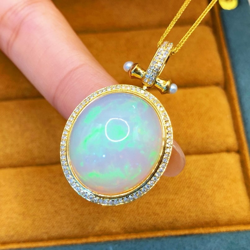 14k Gold 15.72 Ctw Natural Opal & Diamond Pendant( Without Chain ) - 3