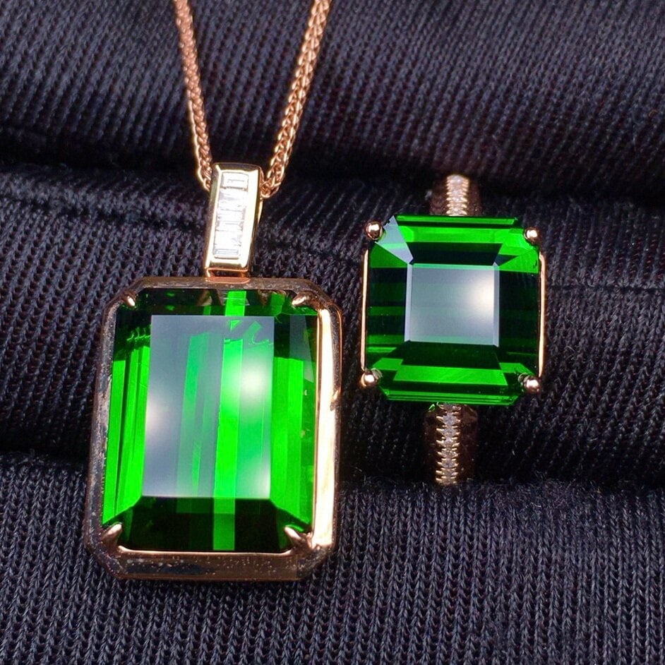 14k Gold 15.86 Ct Natural Tourmaline & Diamond Jewelry Set - 6