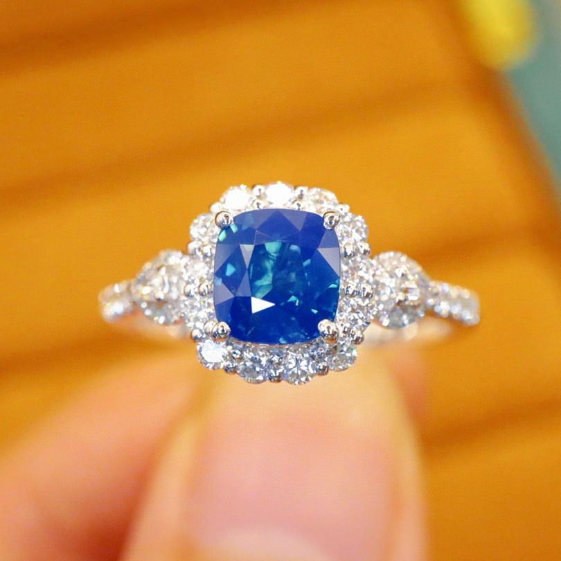 14k Gold 1.59 Ctw Natural Sapphire & Diamond Ring: Ref:230940325 // gold content:14k gold // ring size:7. 25us // // main gemstone:sapphire // shape:cushion // carat weight:1. 18ct // color:blue // treatment:natural // // adjacent gemstone 2 :