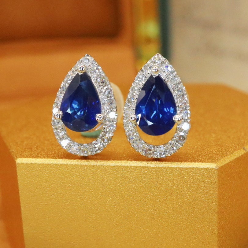 14k Gold 1.29 Ctw Natural Sapphire & Diamond Earrings - 2