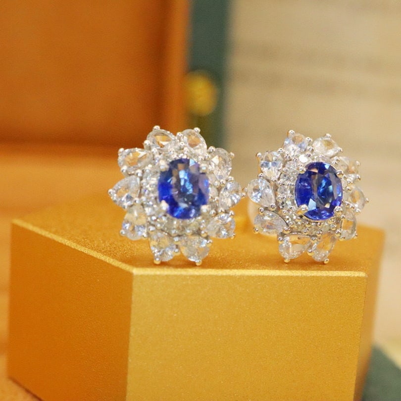14k Gold 1.16 Ctw Natural Sapphire & Diamond Earrings - 3