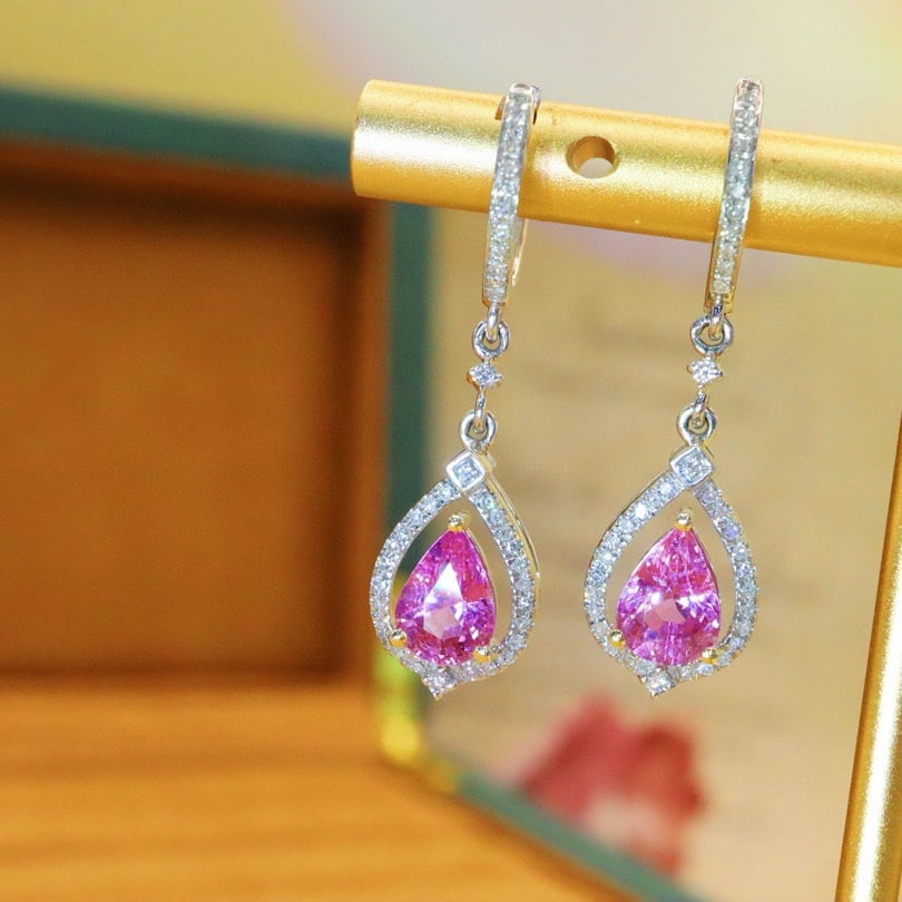 14k Gold 2.22 Ctw Natural Padparadscha Sapphire & Diamond Earrings - 3