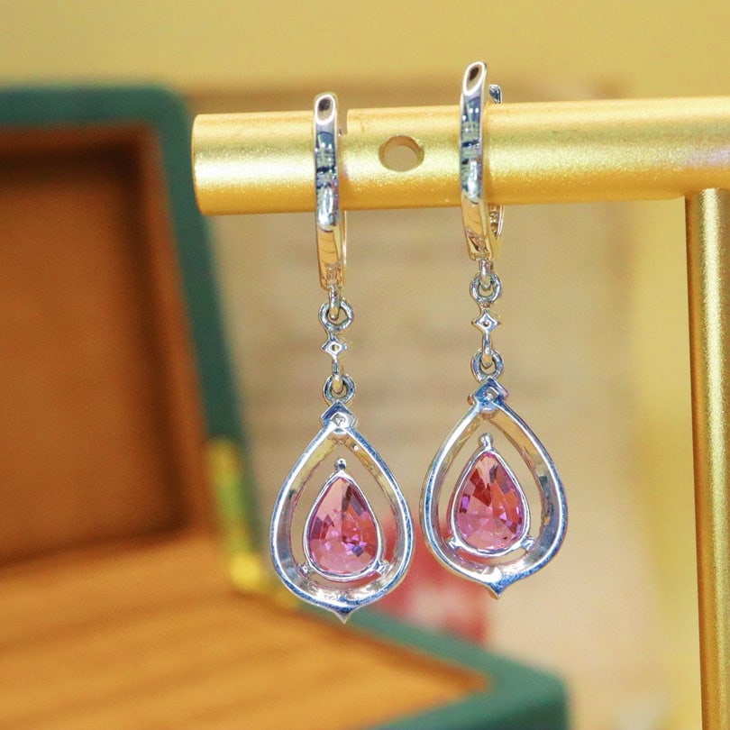 14k Gold 2.22 Ctw Natural Padparadscha Sapphire & Diamond Earrings - 4