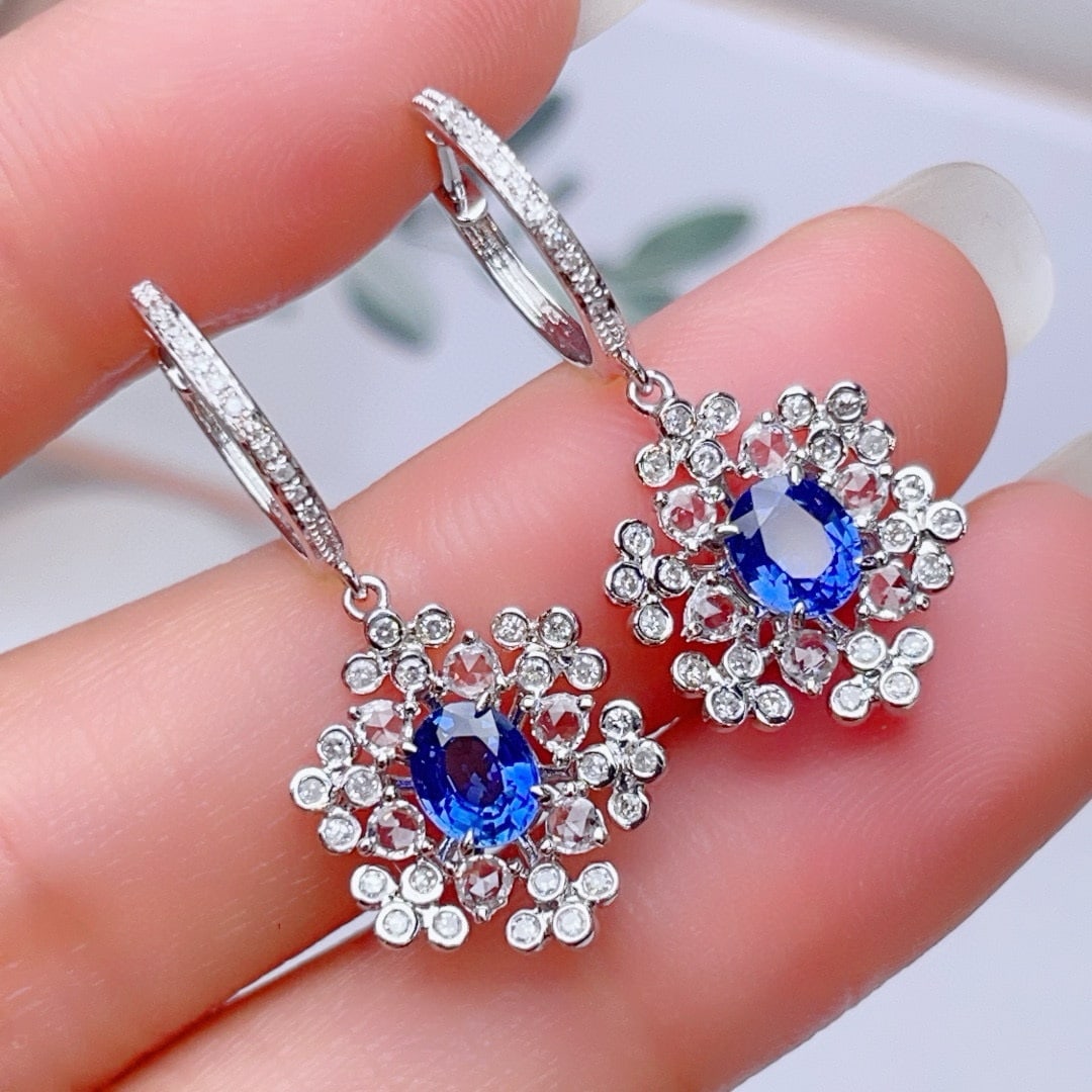 14k Gold 1.5 Ct Natural Sapphire & Diamond & Sapphire Earrings - 2