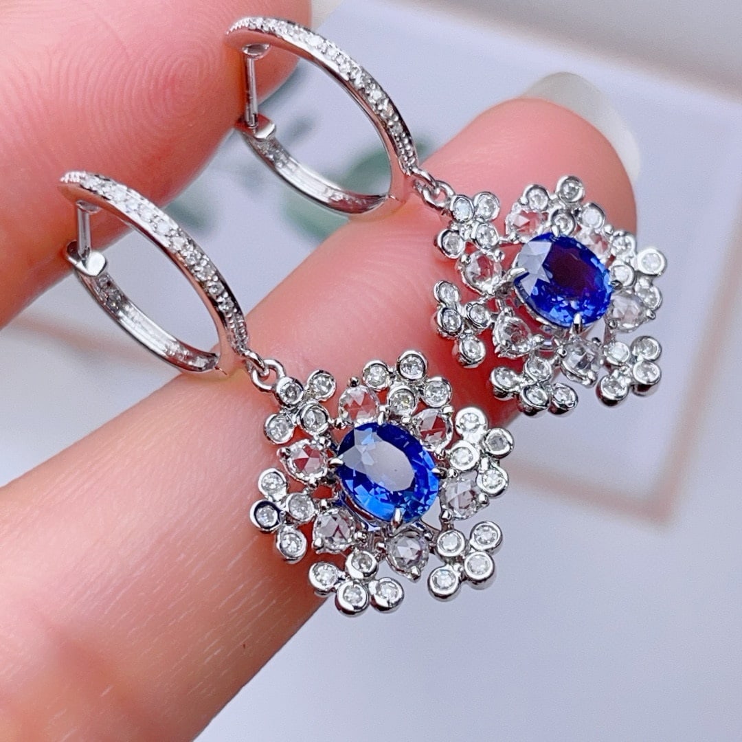 14k Gold 1.5 Ct Natural Sapphire & Diamond & Sapphire Earrings - 3