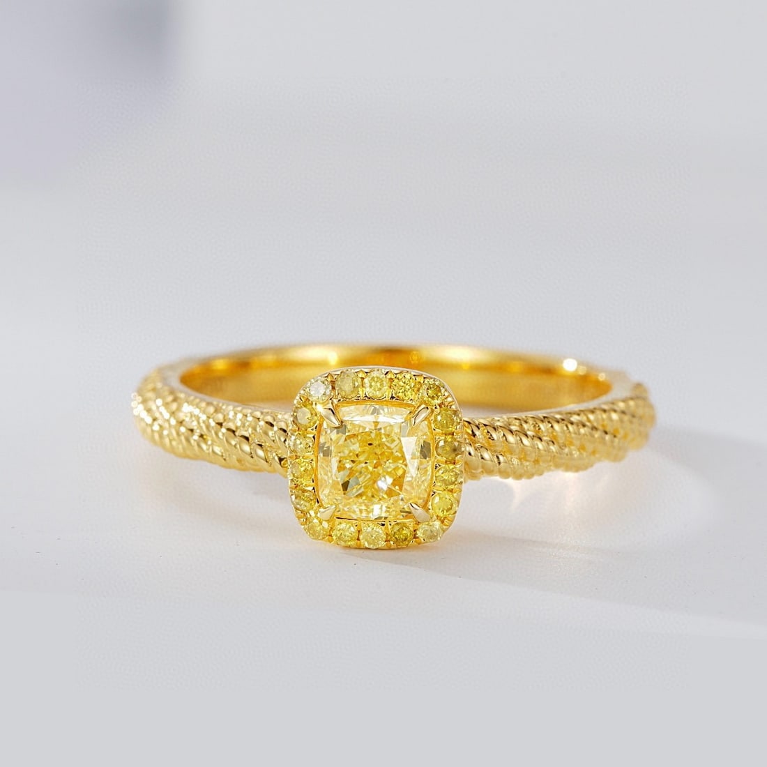 14k Gold 0.57 Ctw Natural Yellow Diamond & Yellow Diamond Ring: Ref:230940363 // gold content:14k gold // ring size:7. 25us // // main gemstone:yellow diamond // shape:cushion // carat weight:0. 5ct // color:yellow // treatment:natural // // adjacent gemstone