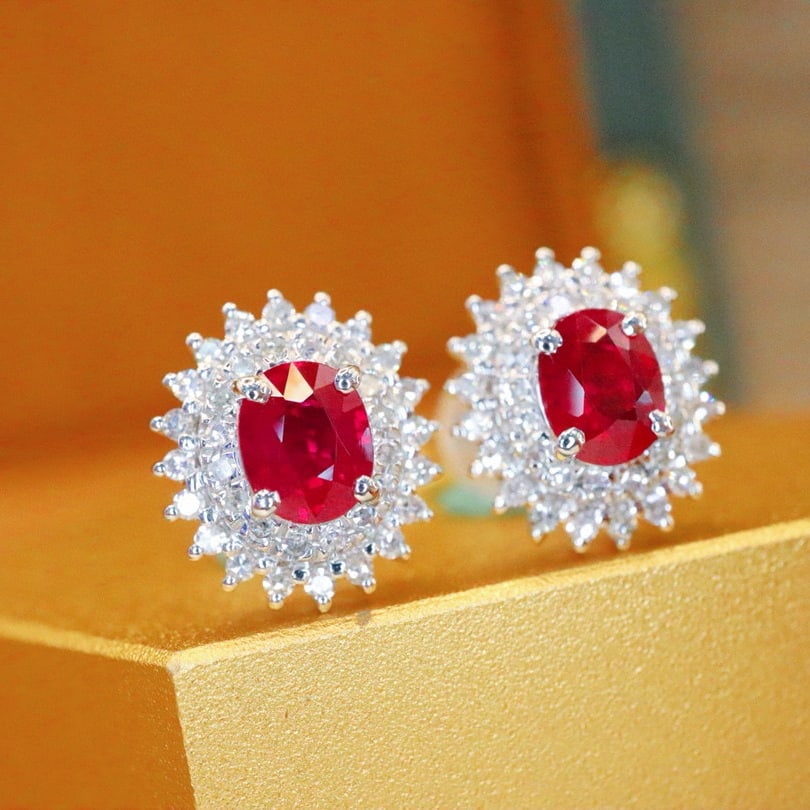 14k Gold 0.99 Ctw Natural Ruby & Diamond Earrings - 2
