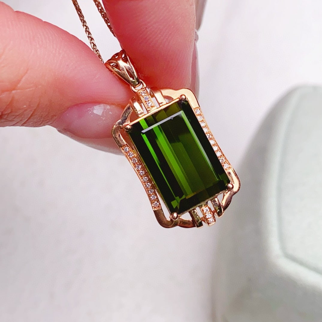 14k Gold 7.93 Ctw Natural Tourmaline & Diamond Pendant( Without Chain ) - 3