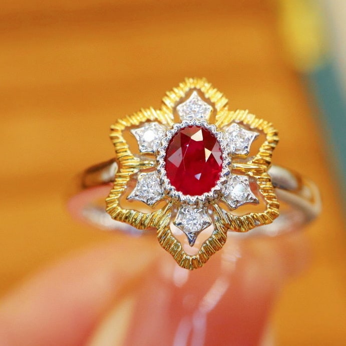 14k Gold 0.48 Ctw Vivid Red Natural Ruby & Diamond Ring: Ref:230940374 // gold content:14k gold // ring size:7. 25us // // main gemstone:ruby // shape:oval // carat weight:0. 42ct // color:vivid red // treatment:natural // // adjacent gemstone 2 : diamond /