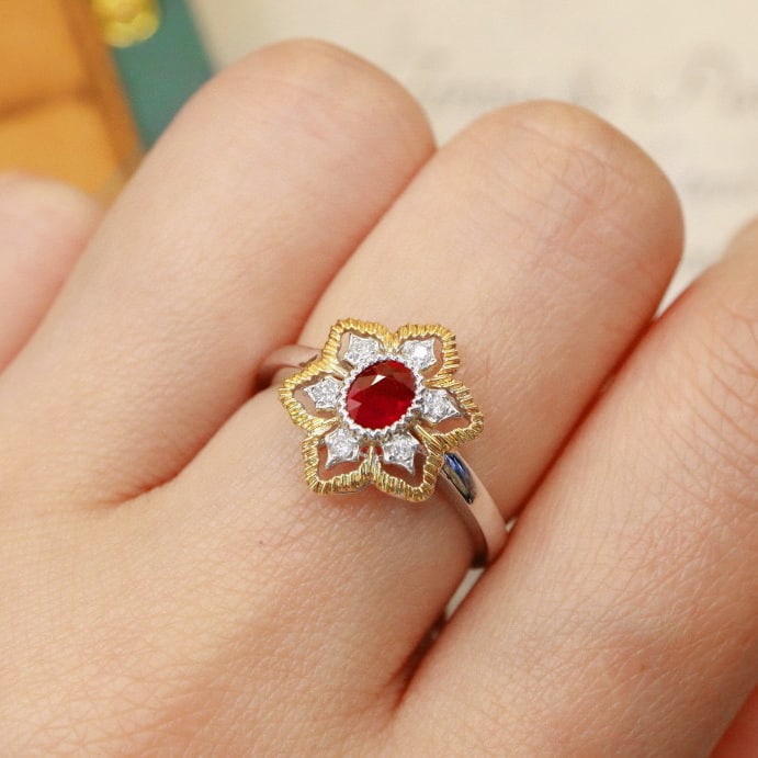 14k Gold 0.48 Ctw Vivid Red Natural Ruby & Diamond Ring - 6