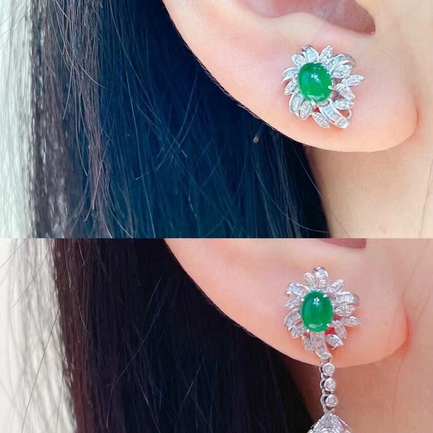 14k Gold 1.2 Ct Vivid Green Natural Emerald & Diamond Earrings - 7