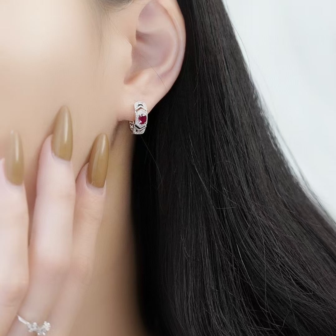 14k Gold 0.7 Ctw Vivid Red Natural Ruby & Diamond Earrings - 2