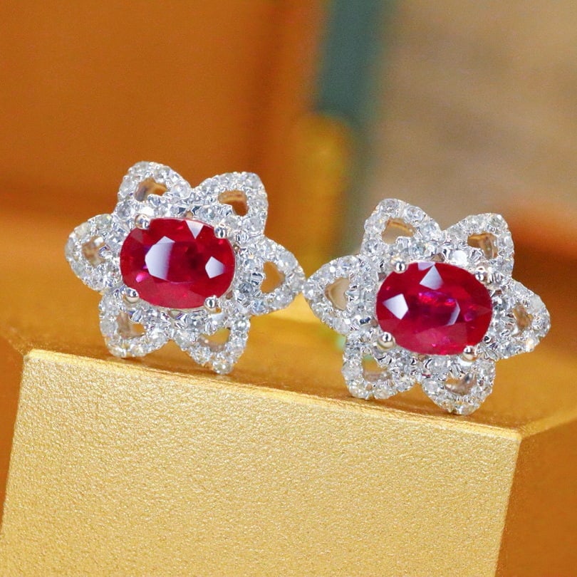 14k Gold 0.83 Ctw Natural Ruby & Diamond Earrings - 2