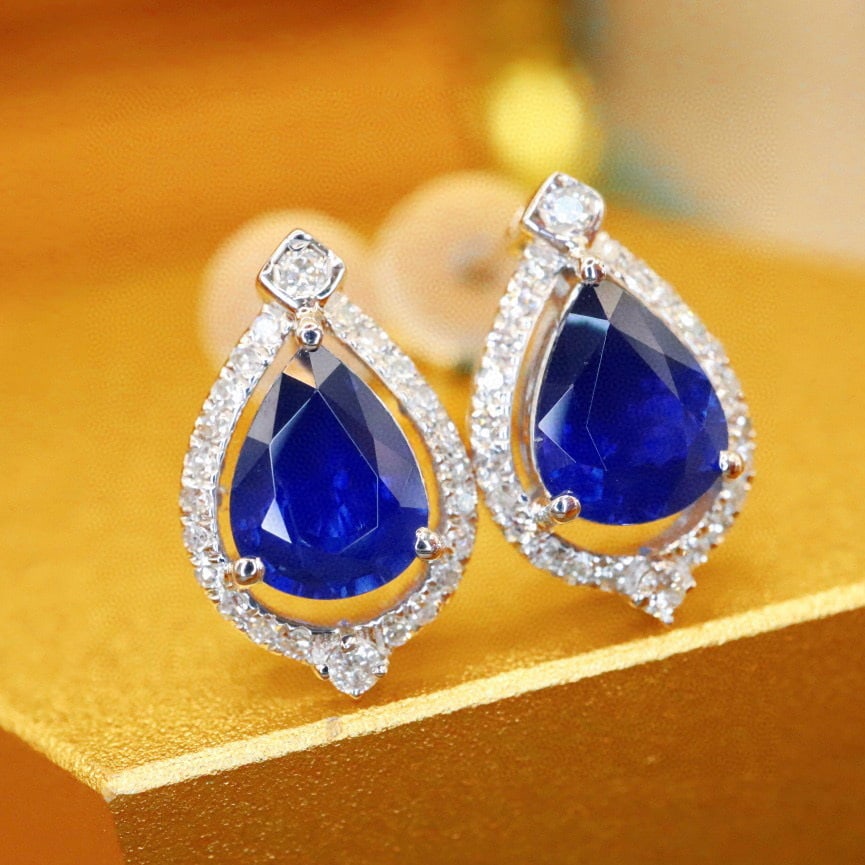 14k Gold 1.43 Ctw Natural Sapphire & Diamond Earrings - 2