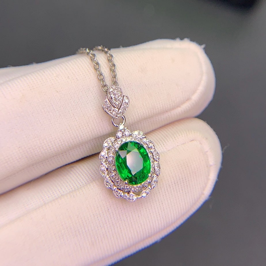 14k Gold 1.09 Ct Vivid Green Natural Tsavorite & Diamond Pendant( Without Chain ) - 6