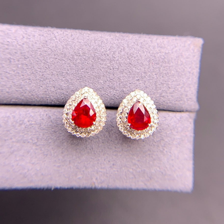 14k Gold 0.94 Ct Natural Ruby & Diamond Earrings - 3