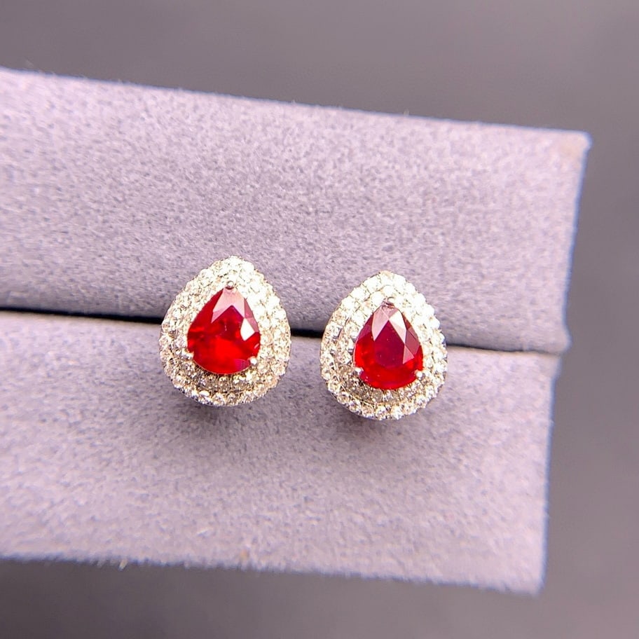 14k Gold 0.94 Ct Natural Ruby & Diamond Earrings - 4