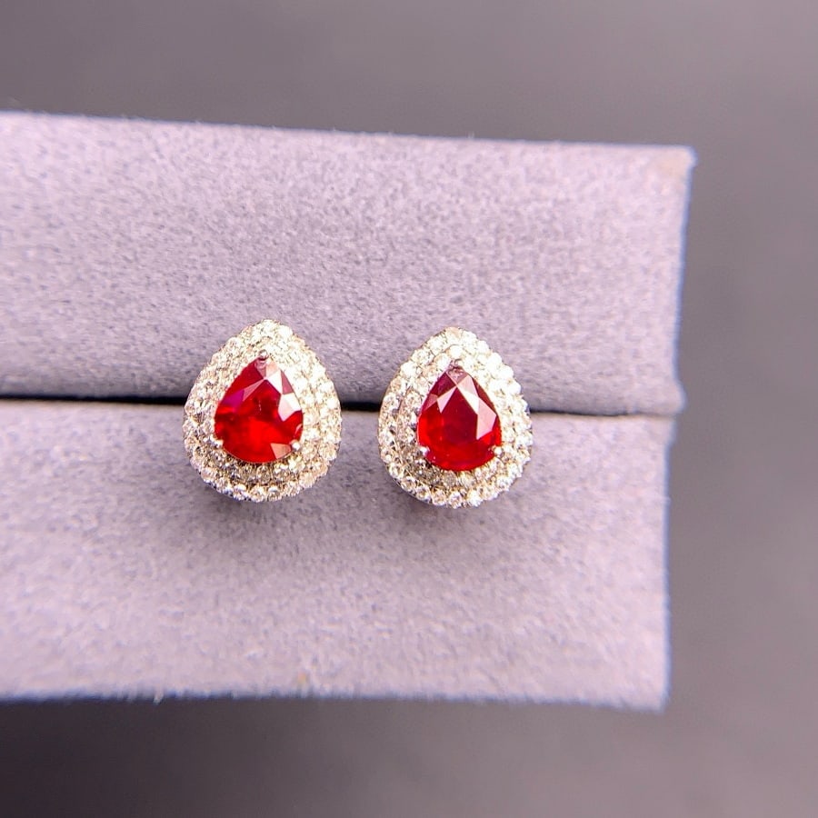 14k Gold 0.94 Ct Natural Ruby & Diamond Earrings - 7