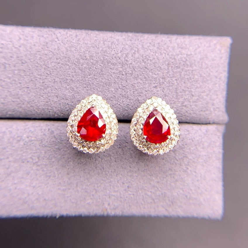 14k Gold 0.94 Ct Natural Ruby & Diamond Earrings - 8