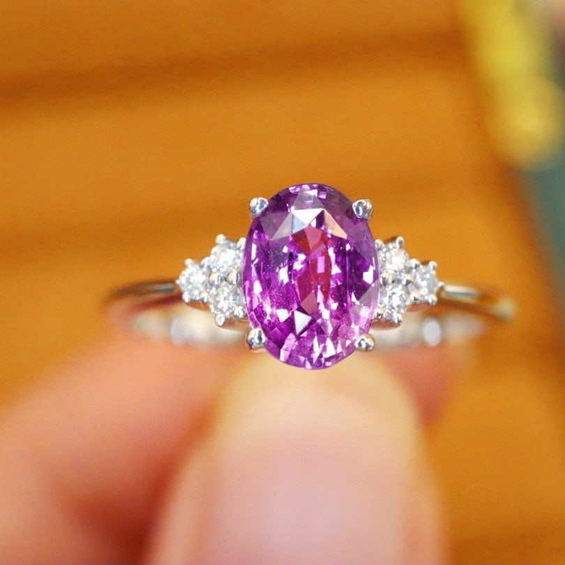 14k Gold 1.25 Ctw Natural Sapphire & Diamond Ring: Ref:230940429 // gold content:14k gold // ring size:7. 25us // // main gemstone:sapphire // shape:oval // carat weight:1. 18ct // color:purple // treatment:natural // // adjacent gemstone 2 :