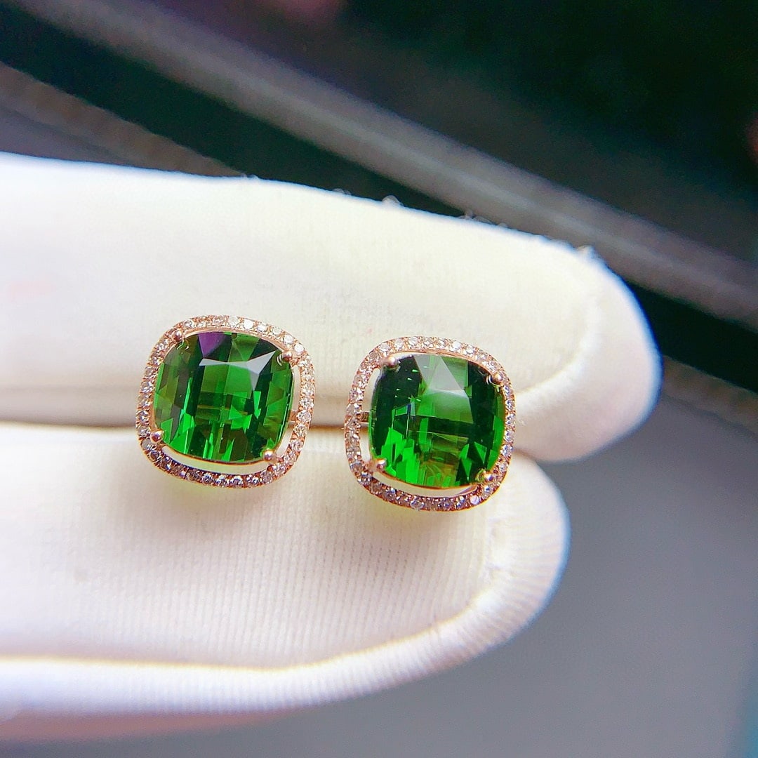 14k Gold 4.1 Ct Natural Tourmaline & Diamond Earrings - 4