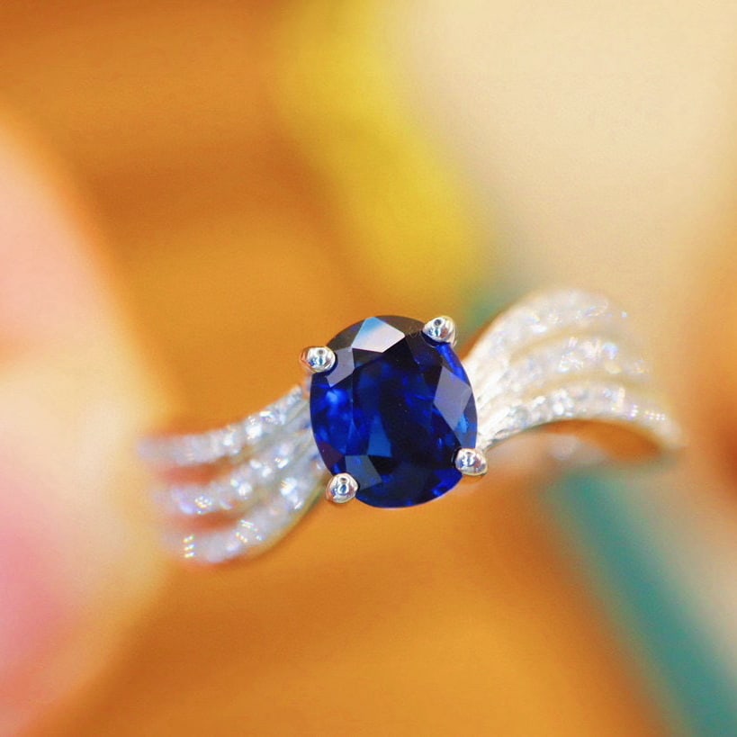 14k Gold 1.11 Ctw Natural Sapphire & Diamond Ring: Ref:230940443 // gold content:14k gold // ring size:7. 25us // // main gemstone:sapphire // shape:oval // carat weight:0. 90ct // color:royal blue // treatment:natural // // adjacent gemstone 2 :