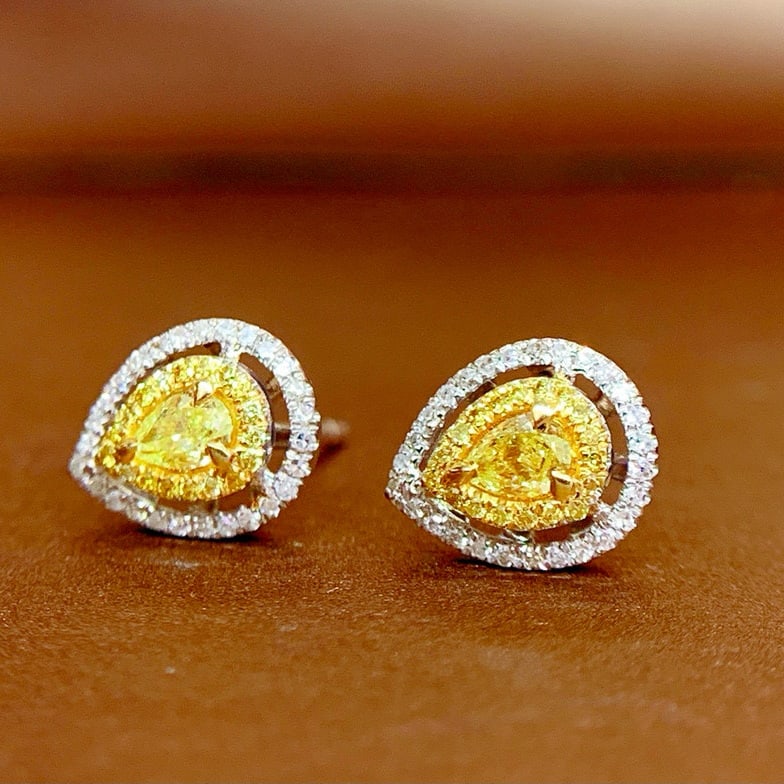 14k Gold 0.55 Ct Natural Yellow Diamond & Diamond Earrings - 2