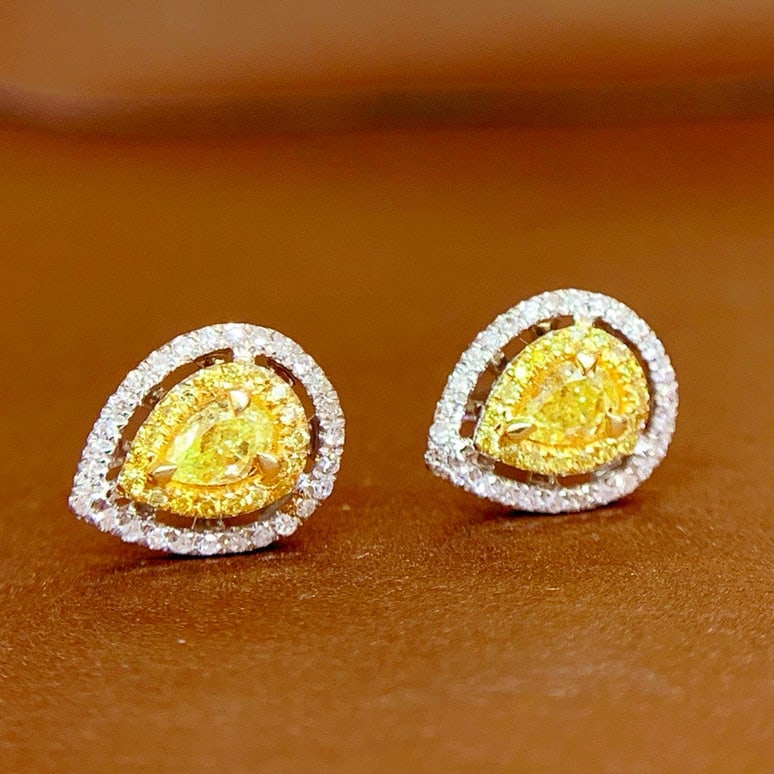 14k Gold 0.55 Ct Natural Yellow Diamond & Diamond Earrings - 3