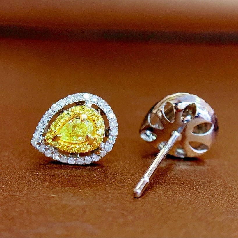 14k Gold 0.55 Ct Natural Yellow Diamond & Diamond Earrings - 5
