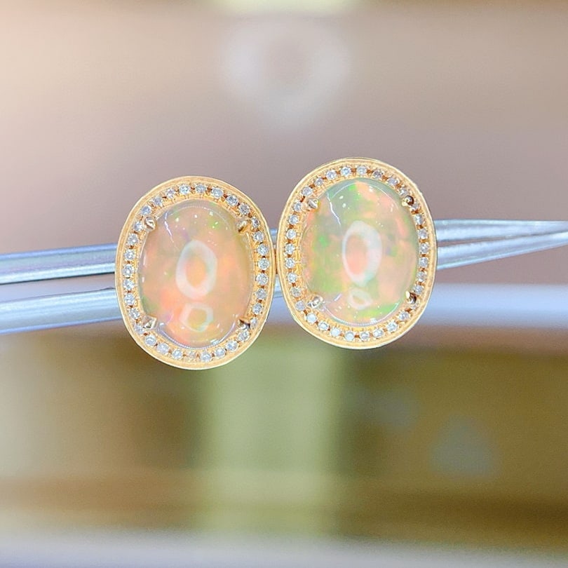 14k Gold 3.5 Ct Natural Opal & Diamond Earrings - 2